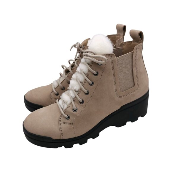 EILEEN FISHER Calm Boots Lace Up Shearling Lamb Fur Bone Tumbled Nubuck Size 7 - Picture 1 of 9